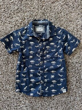Free Planet Navy Button-Down Shirt with Cream Dinosaur Print